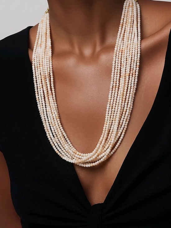 Vintage Jewelry - Vintage Japan Multi Strand Cream/Tan Beaded Necklace Gold Filigree 18"